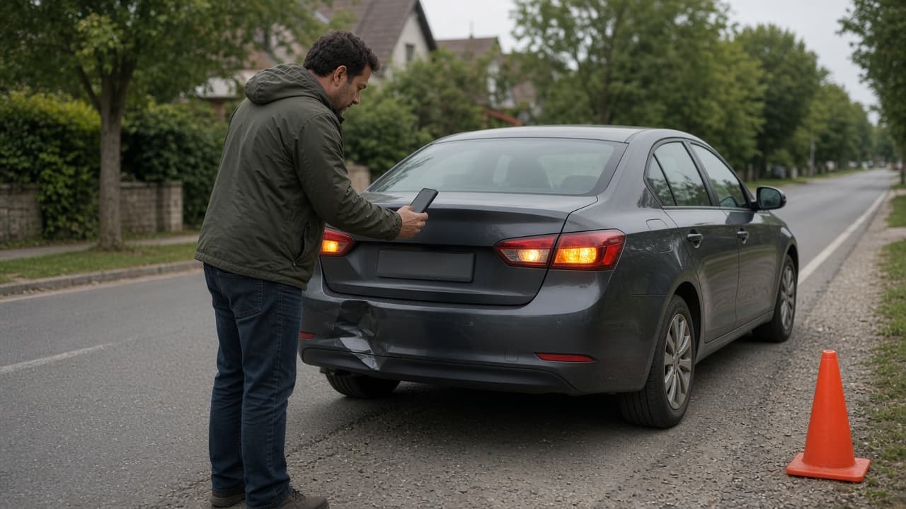 Driver photographing a dent on a car's rear bumper by the roadside