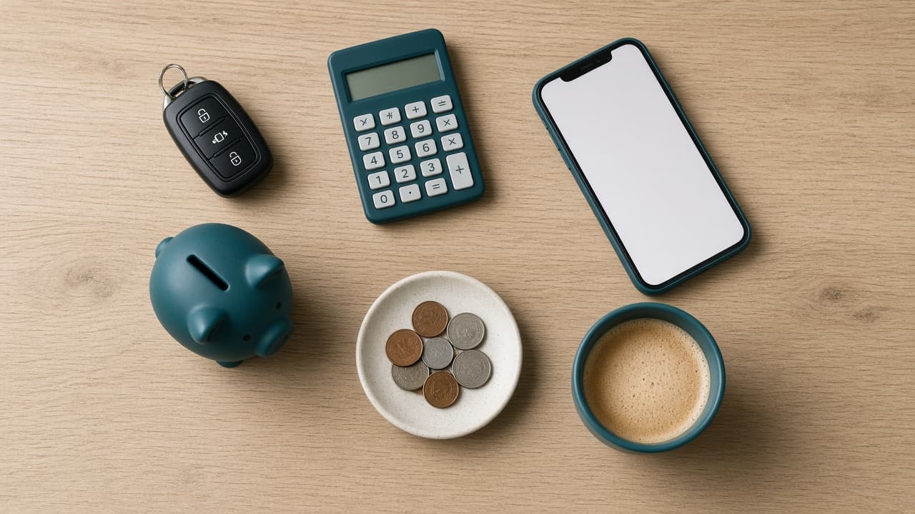 Car key, piggy bank, calculator, and phone on a wooden table