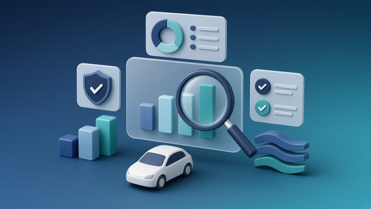 Magnifying glass over abstract charts and a small car